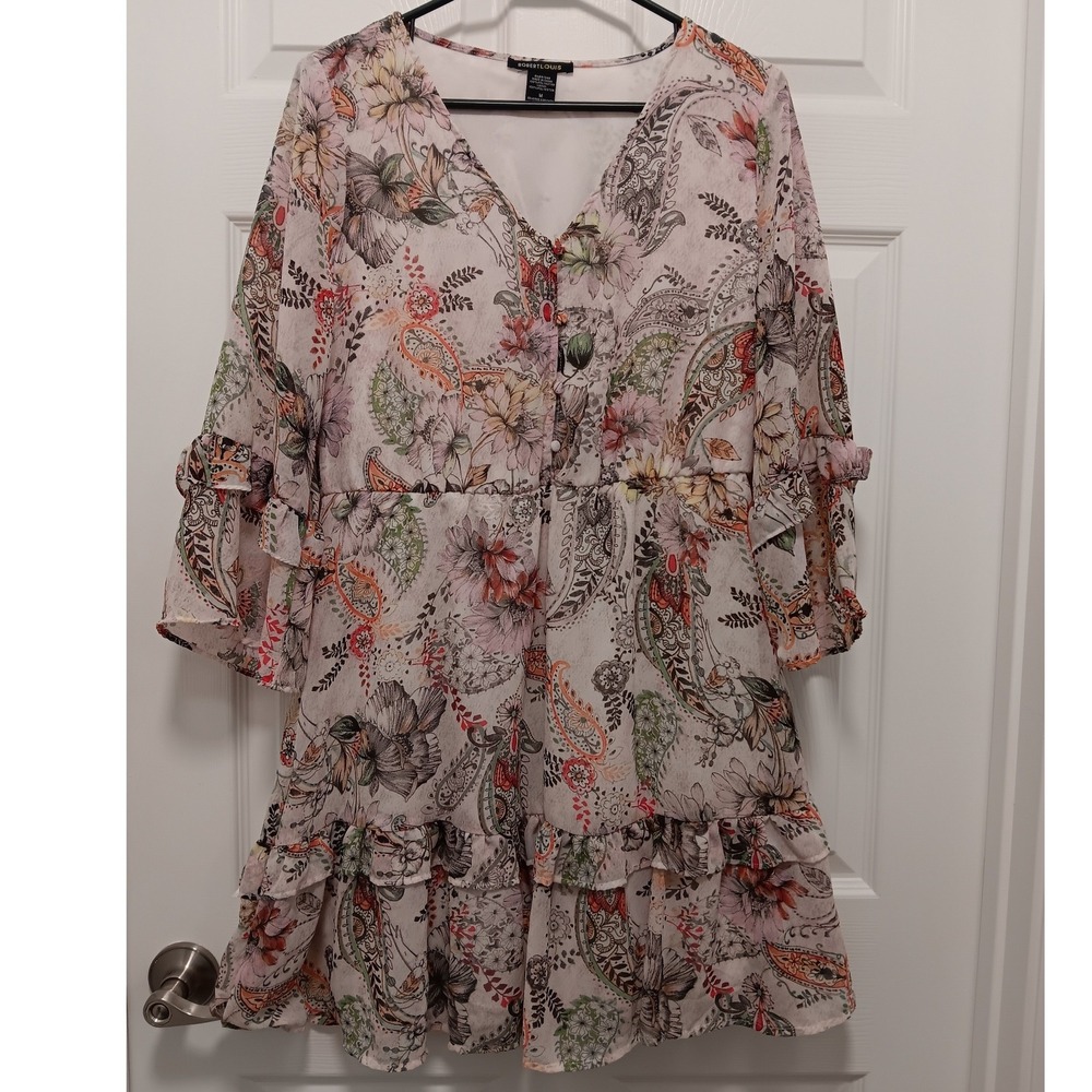Robert‎ Louis Paisley Floral Boho V-Neck Ruffle Tiered Mini Dress Medium Multi